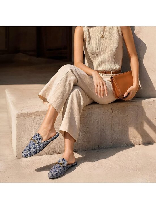 Shoes - Women's Blue Grey Slip on Round Toe Backless Slides Casual Flat Loafers Shoes